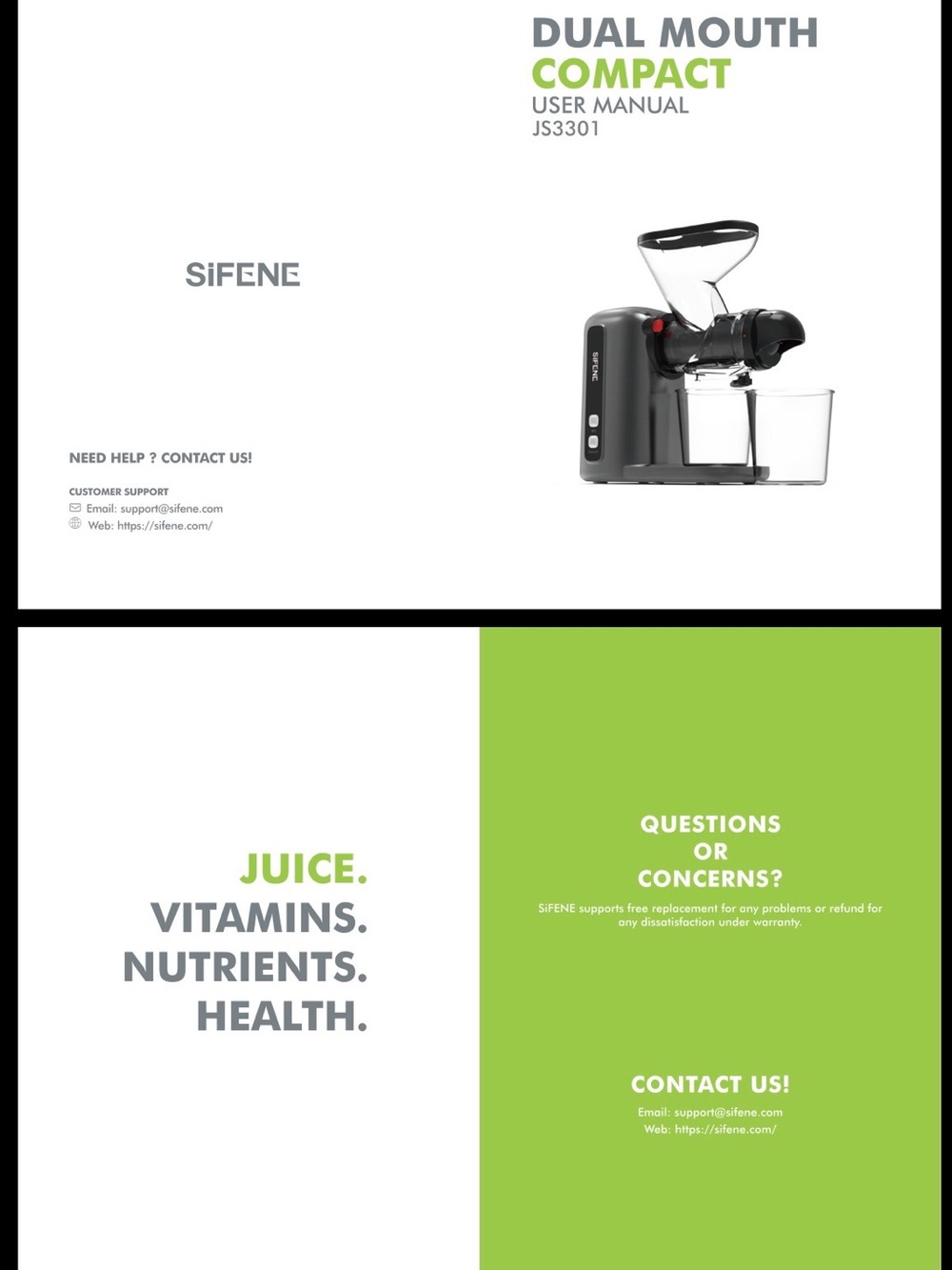 SiFENE Compact Dual Mouth Cold Press Juicer JS3301 - Masticating Slow Juicer